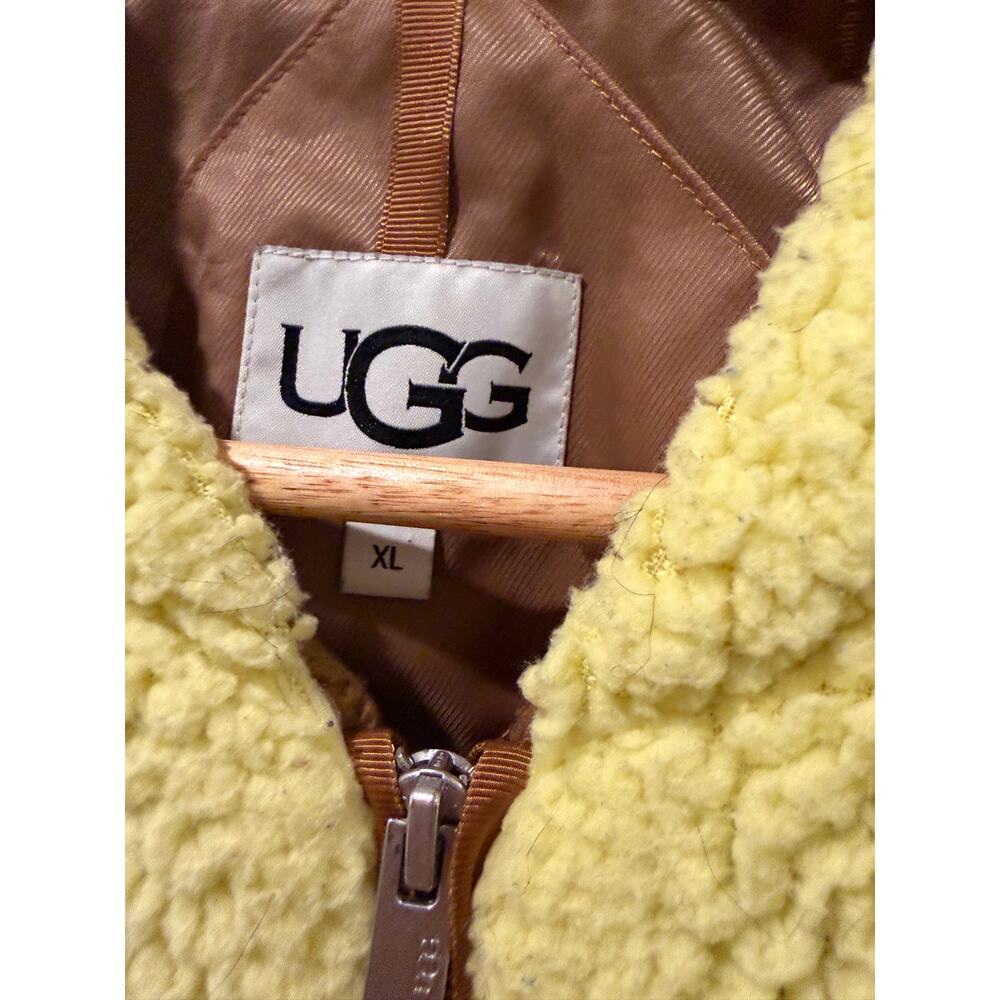 UGG Annalise Teddy Bear Sherpa Zip Jacket Colorblock Brown/Yellow/Cream XL - Picture 3 of 6